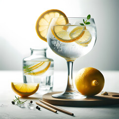 Gin and tonic garnished with a lemon - obrazy, fototapety, plakaty