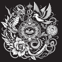 dragon and bird, tattoo pattern, tattoo art, illustration, white background, with eye, flowers