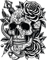 skull with flowers, skull and crossbones, tattoo pattern, tattoo art, illustration, white background