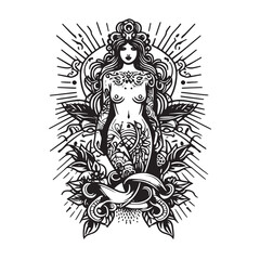 Fototapeta na wymiar the girl with a tattoo, body and flowers, tattoo pattern, tattoo art, illustration, white background