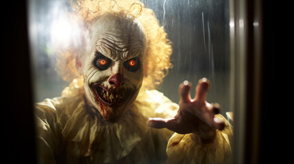 Evil ghost clown looking in window