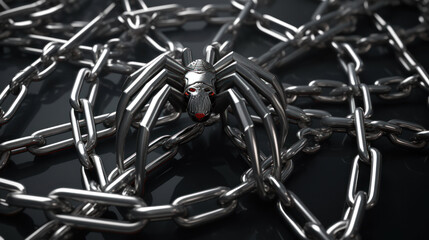 Metal spider on steel chain web - drug addiction concept