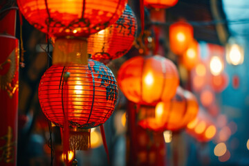 Traditional Chinese lanterns, a vibrant scene of red and gold lanterns adorning the streets during...