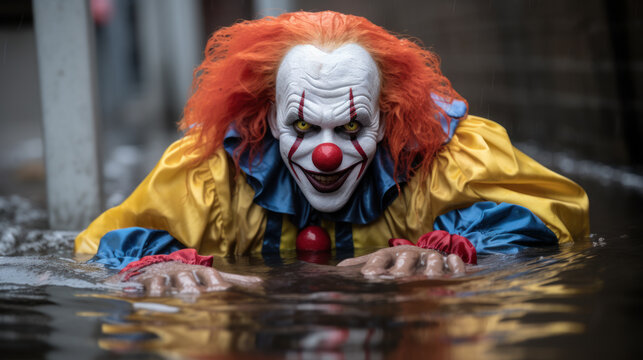 Scary clown coming from rainwater collector