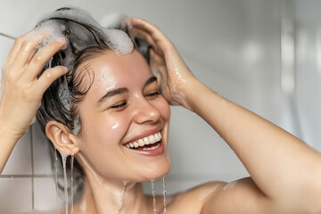 A Woman Washing Her Hair in the Shower - obrazy, fototapety, plakaty