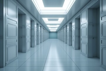 Empty corridor with openings in a 3D-rendered interior architecture background. Generative AI