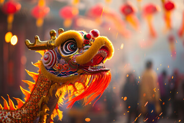 Dragon dance celebration, a dynamic image of a traditional dragon dance performance during Chinese New Year festivities, with a lively crowd in the background, offering ample copy space.