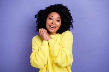 Portrait of good mood person with afro hairstyle wear knit pullover hold hands together near cheek isolated on purple color background