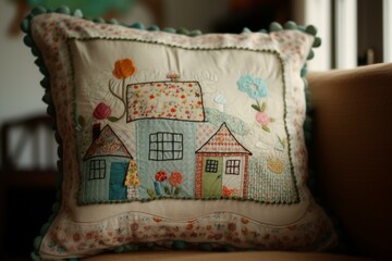 Pillow with embroidered image of adorable home. Generative AI
