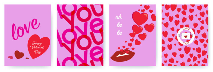 Happy Valentines Day banner or poster set. Trendy design with typography, letter and cute hearts. Valentine's day concept for greeting card, celebration, ads, branding, cover, label, sales.