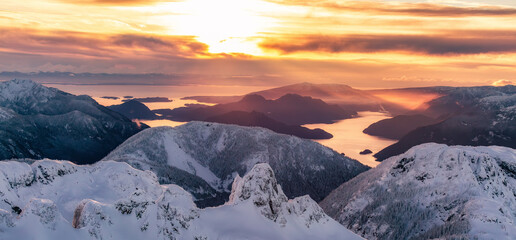Snow Covered Mountains on Pacific Ocean Coast. Aerial Canadian Winter Landscape