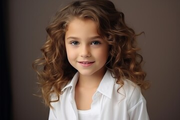 Portrait of a cute little girl with curly hair, studio shot