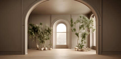 Mock up of empty room in beige color with table, vase and winter landscape in window