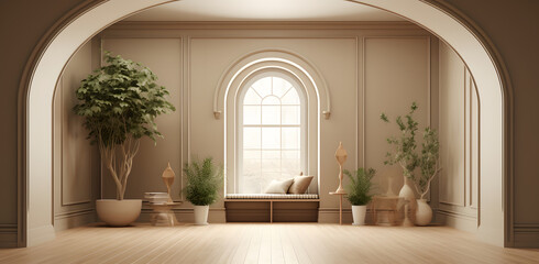 Mock up of empty room in beige color with table, vase and winter landscape in window