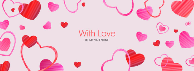 Happy Valentines Day banner or poster. Trendy design with colorful hearts and pink background. Valentine's day concept for greeting card, celebration, ads, branding, cover, label, sales. - obrazy, fototapety, plakaty