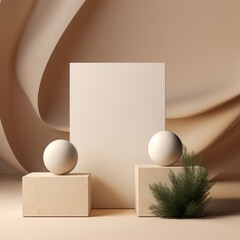 A serene composition featuring spherical objects and a delicate fir branch on a peach-colored stand, evoking a sense of calm and minimalism.