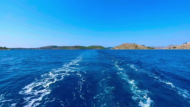 Ślad łodzi motorowej na tle parku Telascica, Chorwacja