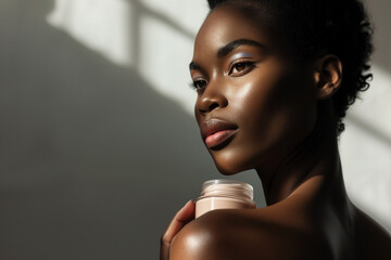 Side view photo of a beautiful black woman holding a container of cosmetic cream - obrazy, fototapety, plakaty