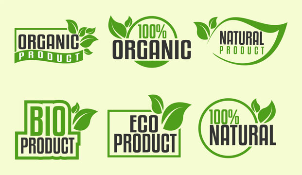Organic food, farm fresh and natural product stickers and badges collection for food market, ecommerce, organic products promotion