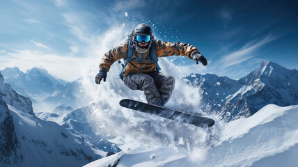 High-energy action of an extreme snowboarder catching air off a massive snow ramp, dynamic pose mid-jump against a stunning mountainous backdrop - obrazy, fototapety, plakaty