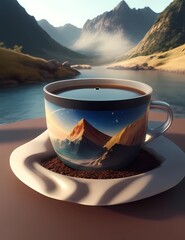 Crea una imagen abstracta de un tapiz de un paisaje emergiendo de una taza de café con el nombre "Alicia"3D Ultradetallado. Hiperrealistav