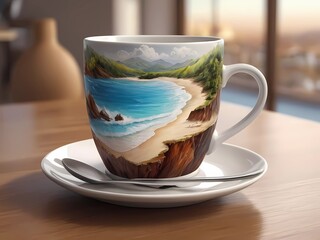 Crea una imagen abstracta de un tapiz de un paisaje emergiendo de una taza de café con el nombre "Alicia"3D Ultradetallado. Hiperrealistav