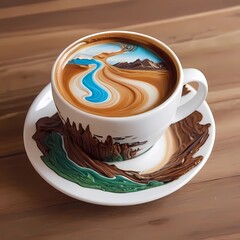 Crea una imagen abstracta de un tapiz de un paisaje emergiendo de una taza de café con el nombre "Alicia"3D Ultradetallado. Hiperrealistav