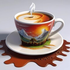 Crea una imagen abstracta de un tapiz de un paisaje emergiendo de una taza de café con el nombre "Alicia"3D Ultradetallado. Hiperrealistav
