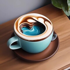Crea una imagen abstracta de un tapiz de un paisaje emergiendo de una taza de café con el nombre "Alicia"3D Ultradetallado. Hiperrealistav