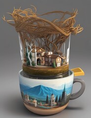Crea una imagen abstracta de un tapiz de un paisaje emergiendo de una taza de café con el nombre "Alicia"3D Ultradetallado. Hiperrealistav