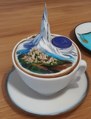 Crea una imagen abstracta de un tapiz de un paisaje emergiendo de una taza de café con el nombre "Alicia"3D Ultradetallado. Hiperrealistav