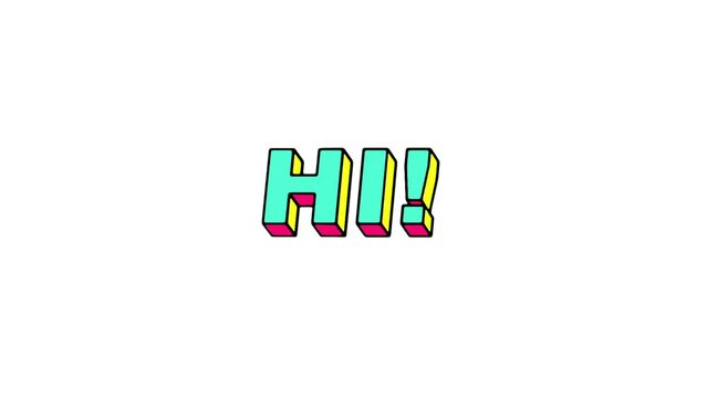 Hi 3d animated text. Word greeting hi in 3d text. Design text element for game, social media branding. Bright dynamic animation on simple hi word on white background.