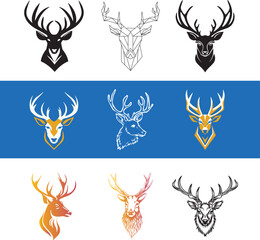 set of deer face vector logo element, deer, vector, illustration, animal, silhouette, head, art, tree, design, nature, reindeer, christmas, black, icon, pattern, tattoo, stag, cartoon, symbol, wild