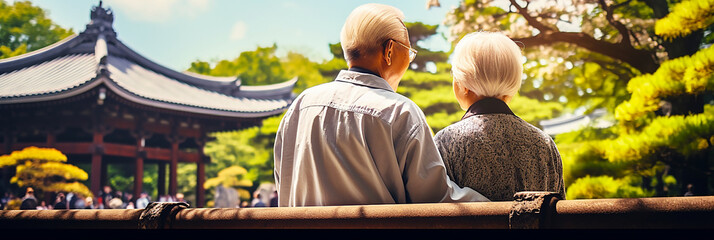 Naklejka premium Elderly Asian couple sightseeing at shrines and temples