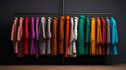 A sliding coat in which a collection of sweaters of different colors is neatly folded