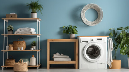 Washing machine, shelving unit, houseplants and pouf near blue wall. Shelf concept. Laundry concept. Washer concept. Housework concept. Bathroom concept. Interior concept. Design concept. Background
