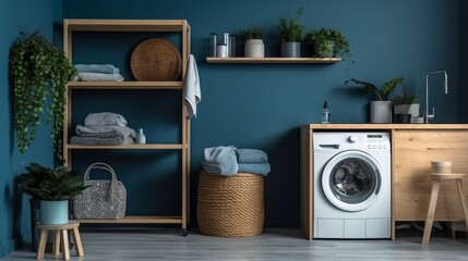 Washing machine, shelving unit, houseplants and pouf near blue wall. Shelf concept. Laundry concept. Washer concept. Housework concept. Bathroom concept. Interior concept. Design concept. Background - obrazy, fototapety, plakaty