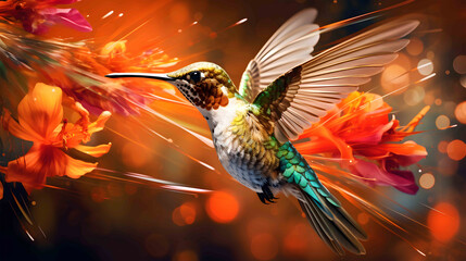 Hummingbird's Dance in Fiery Blooms - obrazy, fototapety, plakaty