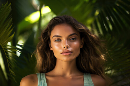 Beautiful Young Woman With Perfect Skin and Natural Makeup on Background of Tropical Leaves