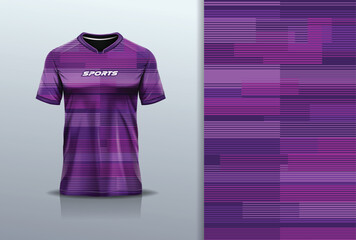 T-shirt mockup with abstract stripe line sport jersey design for football, soccer, racing, esports, running, in purple color 