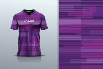 T-shirt mockup with abstract stripe line sport jersey design for football, soccer, racing, esports, running, in purple color  © Nimpuna O