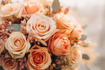 Close-up of peach roses in a bouquet with soft-focus background.