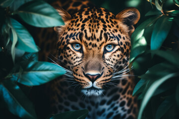 Obraz premium A leopard's intense gaze peers through lush green leaves, its spotted fur in sharp detail.