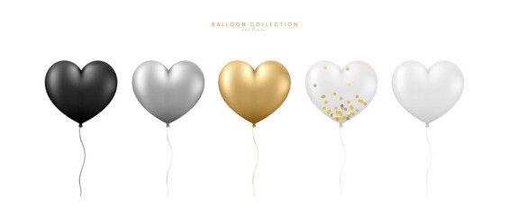 3D realistic heart shape air balloons set, Valentine day, Birthday design, Wedding anniversary background. Party, Festive romantic decoration element. Glossy helium balloon, Flat vector illustration. - 697871039