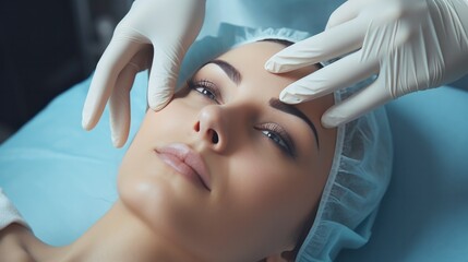 Cosmetic surgery, beauty, Surgeon or beautician touching woman face, surgical procedure that involve altering shape of eye, medical assistance, eyelid surgery, double eyelid, big eyes, ptosis - obrazy, fototapety, plakaty
