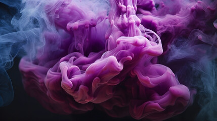 Cloud of smoke on black background. A blue, purple smoke swirls in the air against a black background.