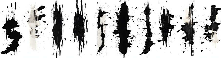 Black grunge and paint stripe with splashes with mud effect. Brush stroke with drops blots isolated. Black paintbrush with spray and splash effect - obrazy, fototapety, plakaty