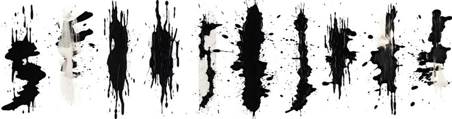 Fotobehang Black grunge and paint stripe with splashes with mud effect. Brush stroke with drops blots isolated. Black paintbrush with spray and splash effect © Riz