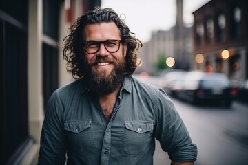 Portrait of a handsome man with long curly hair and glasses in a city - obrazy, fototapety, plakaty