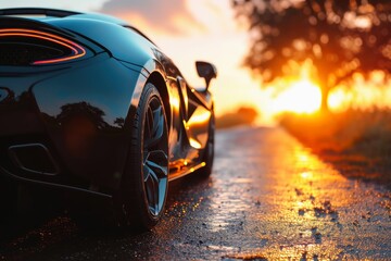A fast sports car with full reflective paintwork on a lonely road towards the sun.